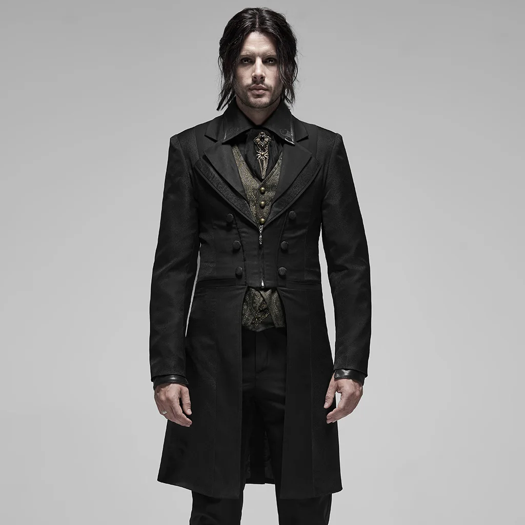 

PUNK RAVE Men Gentleman Stitching Floral Fabric Long Coat Double Deck Collar Fit Party Evening Dinner Jacket