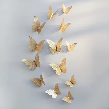 

Delicate Cutout 3D Wall Sticker Gold Silver Butterfly 12pcs Optional Color Home Decoration