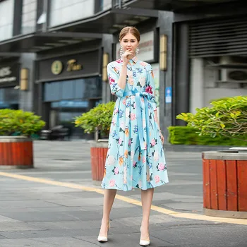 

European station 2020 new printed temperament slim dress elegant single-breasted lace lapel holiday style tideomighty dress