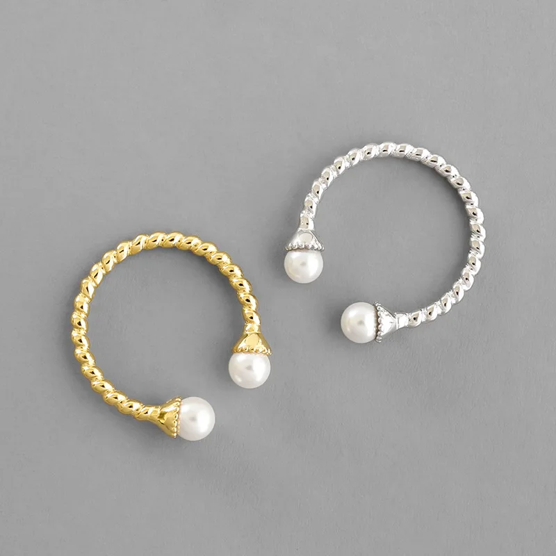 

1pc INS 100% Authentic 925 sterling silver Golden /WHITE TWISTED Roped braid with double Pearl Rings Adjust TLJ971