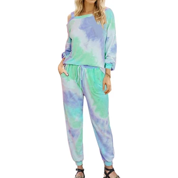 

Casual Daily Women Tie-dye Suits Wears Short Sleeve Round Collar Tops + Full Pants Two Pieces Sets For Women Homewear Sleepwear