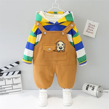 

HYLKIDHUOSE Winter Baby Girls Boys Clothing Sets Children Hooded Stripe Plush Tops Cartoon Overalls Toddler Infant Kids Clothes