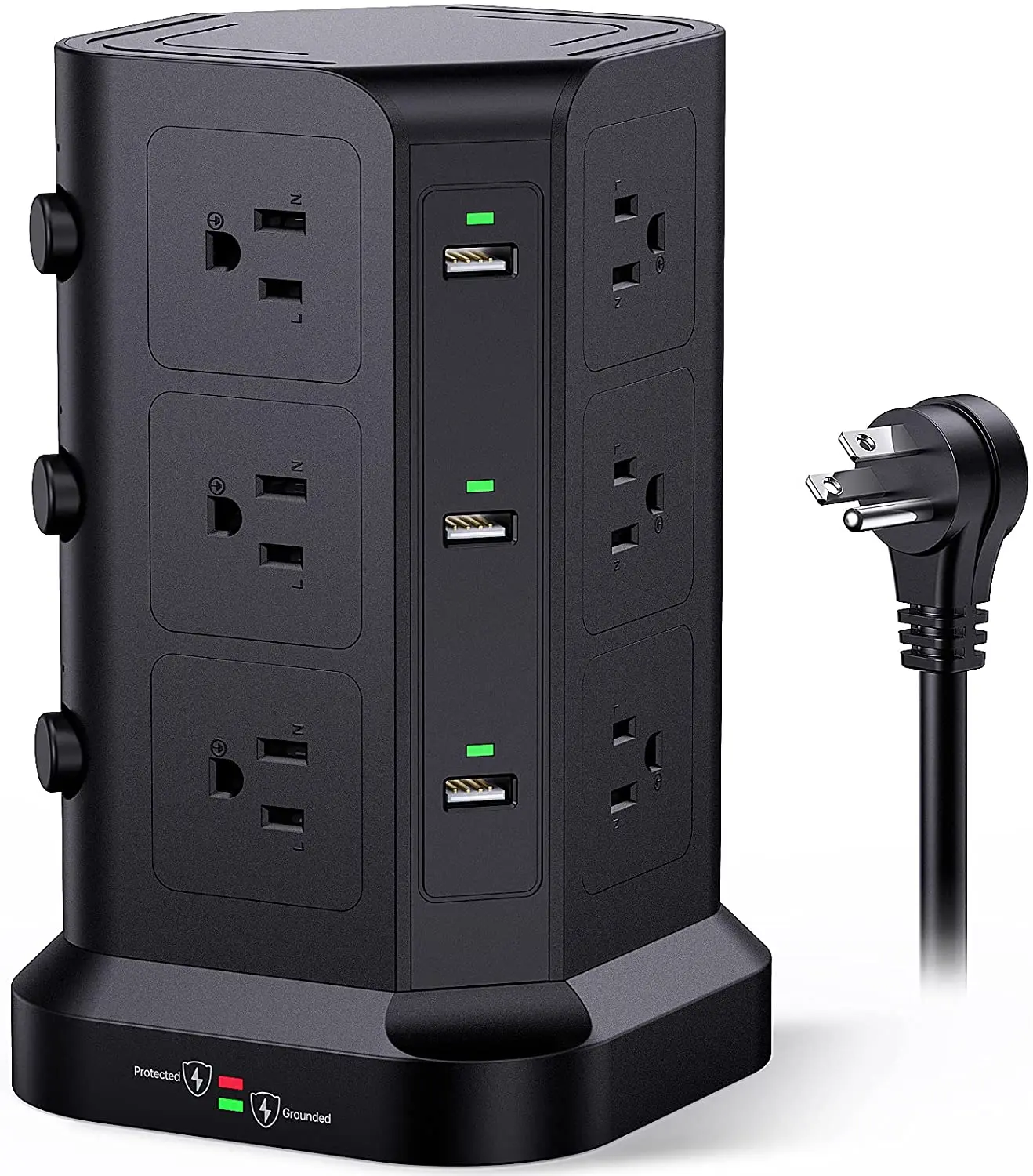 Regleta protectora contra sobretensiones de torre con 12 tomacorrientes, 4  USB (1 USB C), cable de extensión de 6.5 pies con múltiples tomas, estación