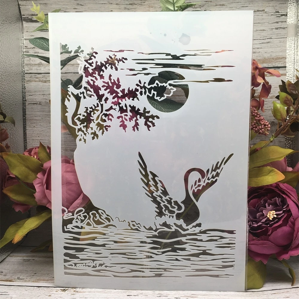 

A4 29cm Swan Lake Moon Tree DIY Layering Stencils Wall Painting Scrapbook Coloring Embossing Album Decorative Template