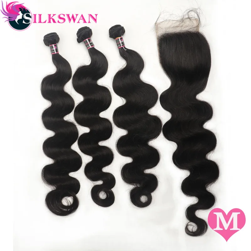Silkswan бразильские волосы средней плотности Волнистые пряди с закрытием 8-32 дюймов и 28 дюймов Пряди remy волосы