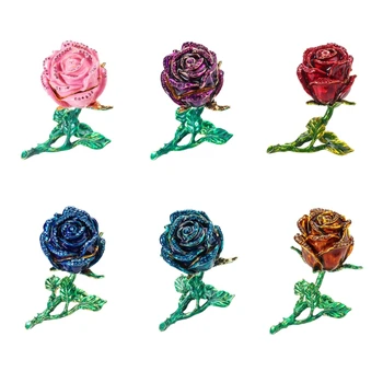 

Creative Alloy Rose Flower Jewelry Storage Box Organizer Holder Decoration Faux Diamond Rings Earrings Case C6UD