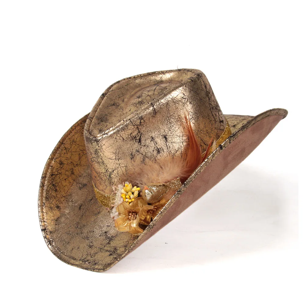 ginder Verlichten Reparatie mogelijk Vrouwen Lederen Western Cowboy Hoeden Outdoor Goud Beekje Rand Jazz Hoed  Bloem Sombrero Hombre Cowgirl Hoed Maat 58 59cm|Coyboy Hoeden| - AliExpress