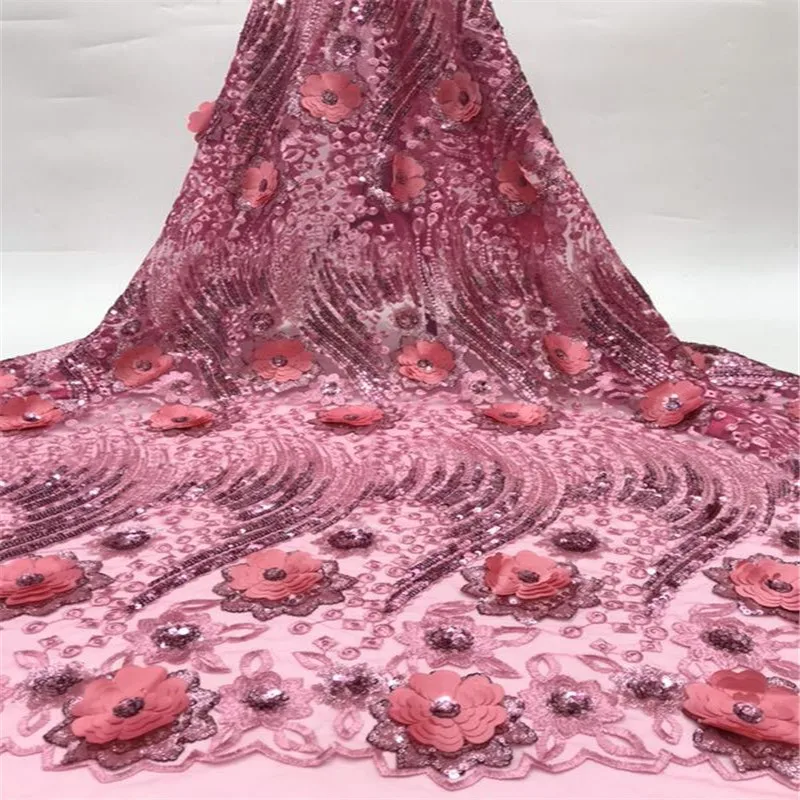 Персиковый Африканский 3D цветок блестки Сетка кружевная ткань Высокое качество