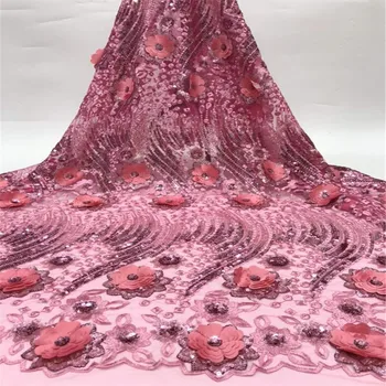 

Peach African 3D Flower Sequins Net Lace Fabric High Quality 2020 Nigeria Indian Embroidery Guipure Mesh Gold Sequined Lace