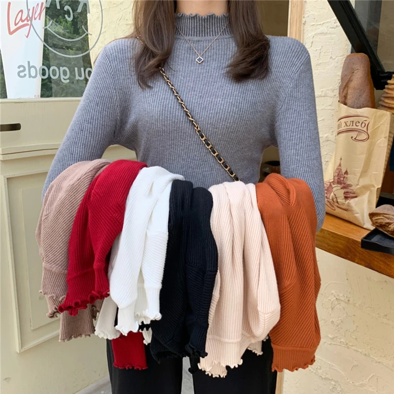 

Turtleneck Ruched Women Sweater High Elastic Solid 2020 Fall Winter Fashion Slim Jumper Soft Warm Pull Femme Knitted Pullovers