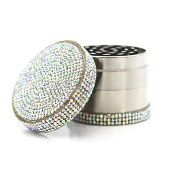 

50mm Dry Herb Tobacco Grinder 4 Parts Zinc Alloy Smoke Grinder with Rainbow Rhinestone Hemp Spice Manual Crusher Gift for Women