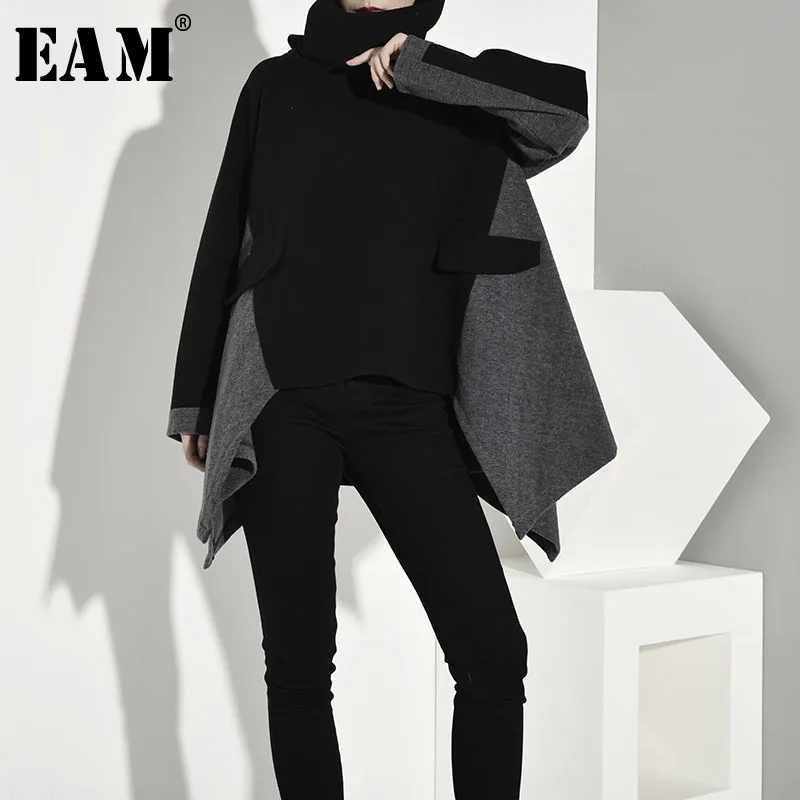 

[EAM] Loose Fit Contrast Color Asymmetrical Sweatshirt High Collar Long Sleeve Women Oversized Fashion Autumn Winter 2020 1B335