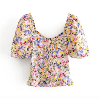 

Sweet Floral Print Beading Button Crop Women Blouses Fashion Puff Sleeve Elastic waist Female Shirts Blusas Chic Tops