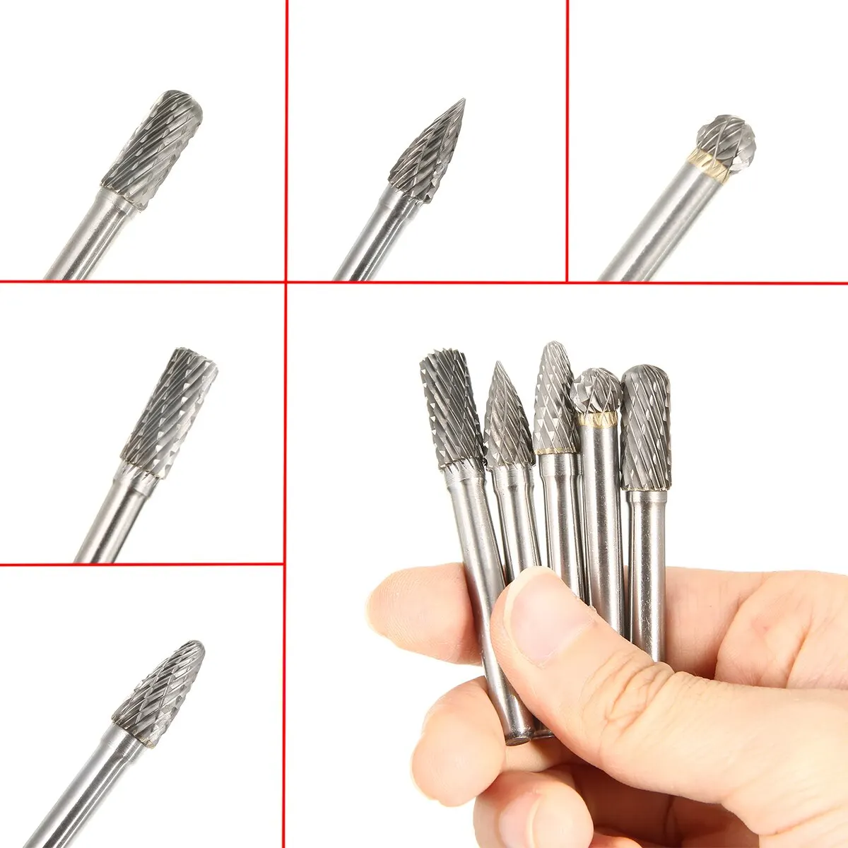 5pcs/set 8mm Tungsten Carbide Grinding Head Rotary Point Burrs 6mm Shank Bits Rotary File Cutter Tools for Finishing Metal Mold