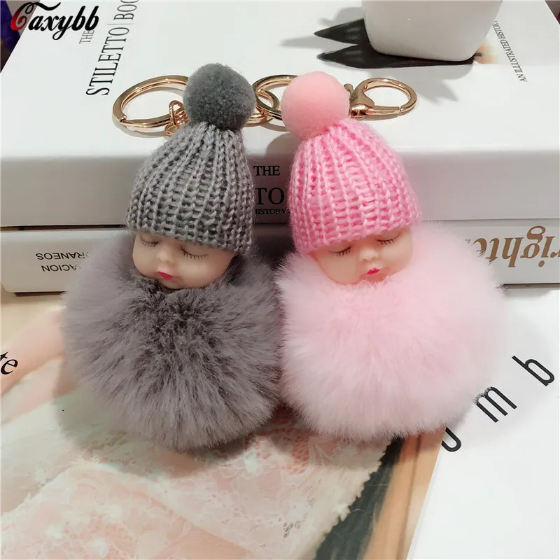 Cute Sleeping Baby Design Fluffy Faux Fur Pom Pom Keychain & Keyring for  Car Key/Ladies Bag/Purse / Suit case