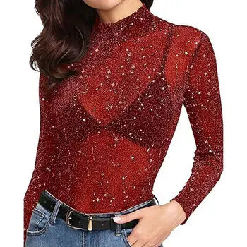 

Women Fashion Shirts Shiny Mesh Party Net Yarn Bronzing Base Blouses Shirt Female Ladies Tops Plus Size