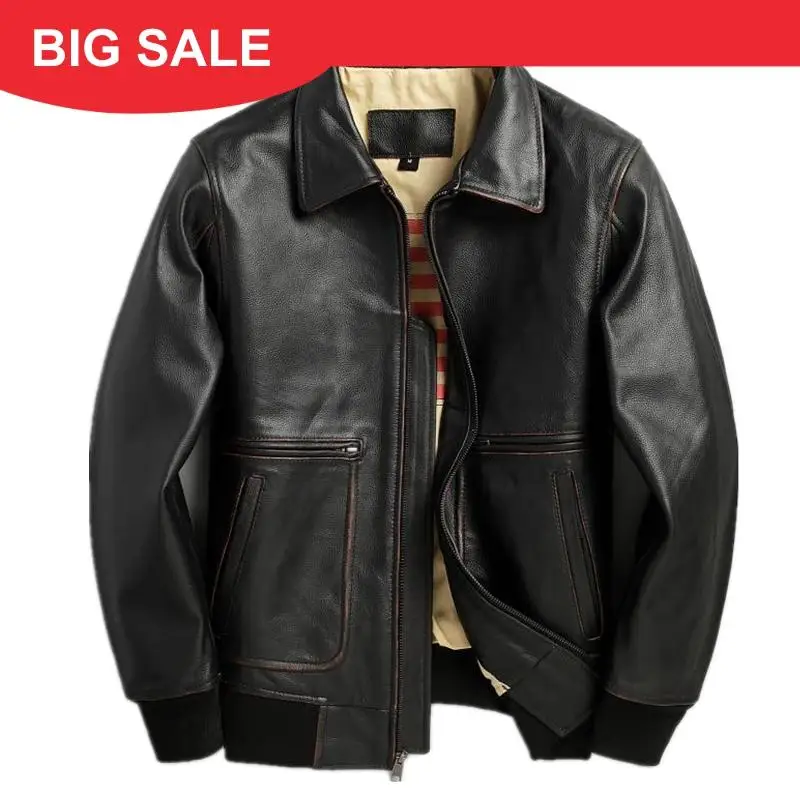 

2020 Vintage Black Men Military Pilot Leather Jacket Large Size XXXL Genuine Cowhide Autumn Slim Fit American Aviator Coat