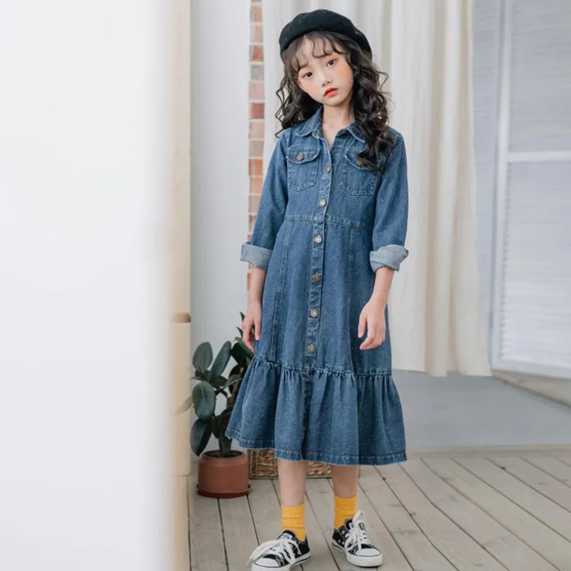 DFXD/Детское платье весеннее джинсовое платье высокого качества с длинными рукавами голубое джинсовое платье принцессы с отложным воротником для девочек-подростков от 3 до 14 лет