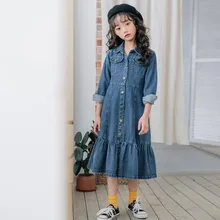 DFXD/Детское платье весеннее джинсовое платье высокого качества с длинными рукавами голубое джинсовое платье принцессы с отложным воротником для девочек-подростков от 3 до 14 лет