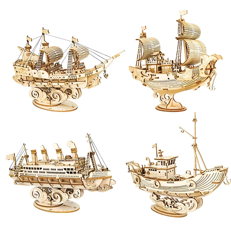 Robotime New 4 Kinds DIY Vintage Sailing Ship 3D Wooden Puzzle Game Assembly Boat Toy