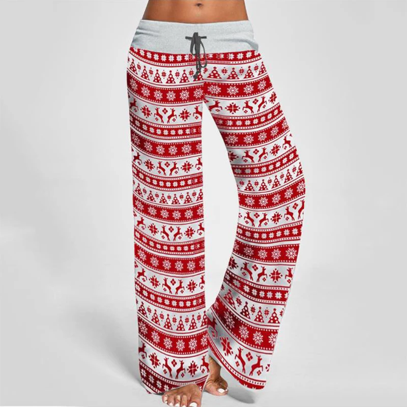 

Plus Size Wide-Leg Pants Lace-Up Loose Camouflage Elk Print Christmas Pajama Autumn Casual Home Cotton Sleepwear Lounge Wear