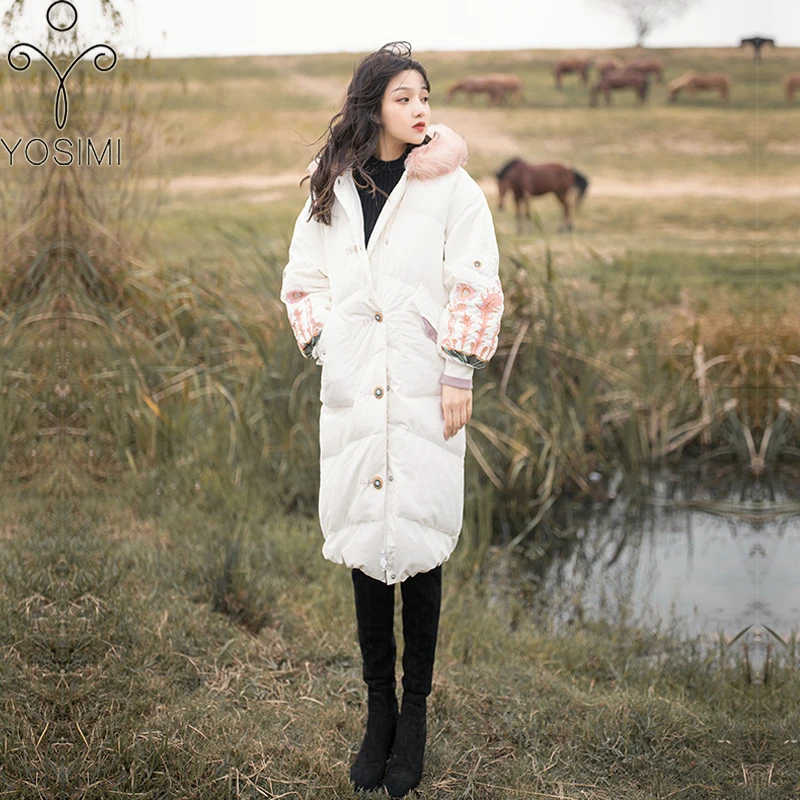

YOSIMI 2019 Winter Women Warm Down Coat Embroidery Female Long White Duck Down Jacket with Hooded Fur Collar Loose Bat Sleeved