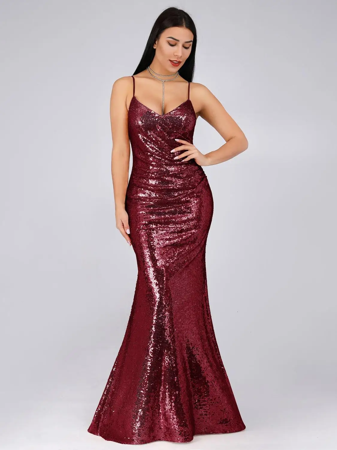 

Mermaid Floor-length Evening Dress 2020 Sexy V-neck Spaghetti Straps Sequins Sparkle Dress for Evening Party
