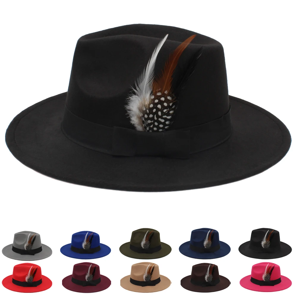 

2 Sizes Parent-child Men Women Kids Panama Hats Wide Brim Feather Band Sunhat Fedora Caps Trilby Jazz Travel Party Street Style