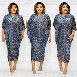 2022 High Quality New Fashion V Collar Pleated Batwing Sleeve Loose Dress For Women Summer Vintage Print Elegant Mama Clothing