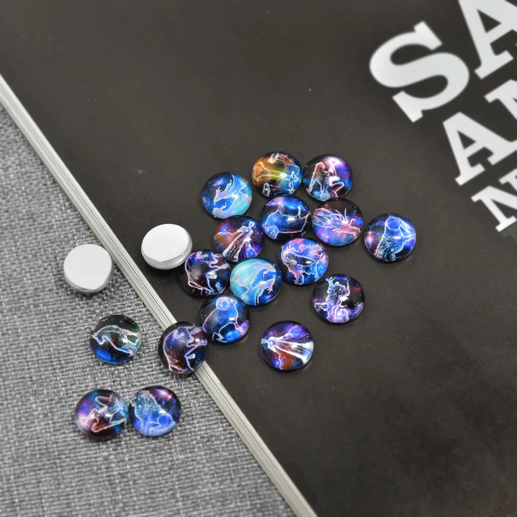 20pc Mixed The Signs of the Zodiac Round Glass Cabochons Flat Back Dome 10mm