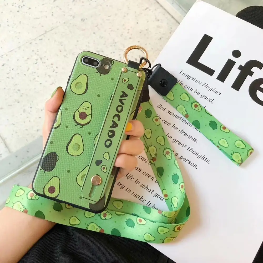

Luxury double lanyard Stand Cover For iPhone X XS MAX XR 6 6sPlus 8 7 Plus Phone case soft silicon Avocado Kickstand Funds Coque