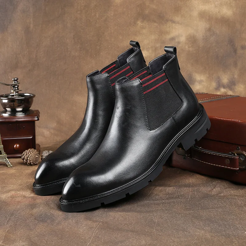 Fashion Black Dress Boots Mens Chelsea Boots Genuine Leather Boots Man