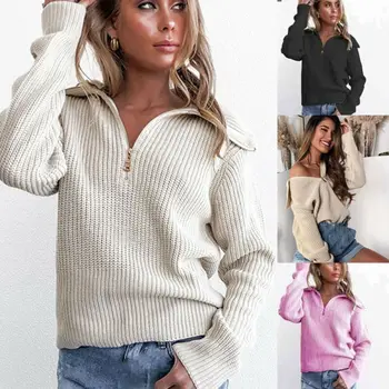 

HIRIGIN Newest 2020 Women Long Sleeve Pullover Casual V-Neck Zipper Jumper Tops Sweaters