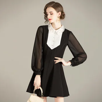 

Long Sleeve Dress Women 2020 Autumn New Fashion Peter Pan Collar Patchwork Slim A-Line Black Above The Knees