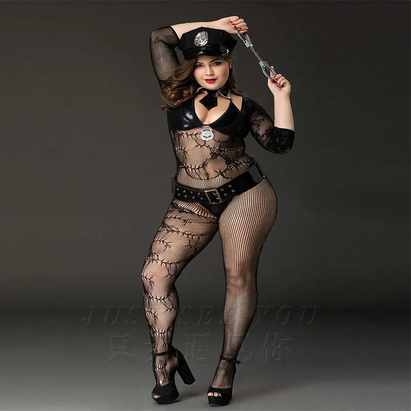 

Plus Size Women's Sexy Lace See-through Cosplay Police Lingerie Bodystocking Lady Large Size Role Play Night Club Polce Uniform