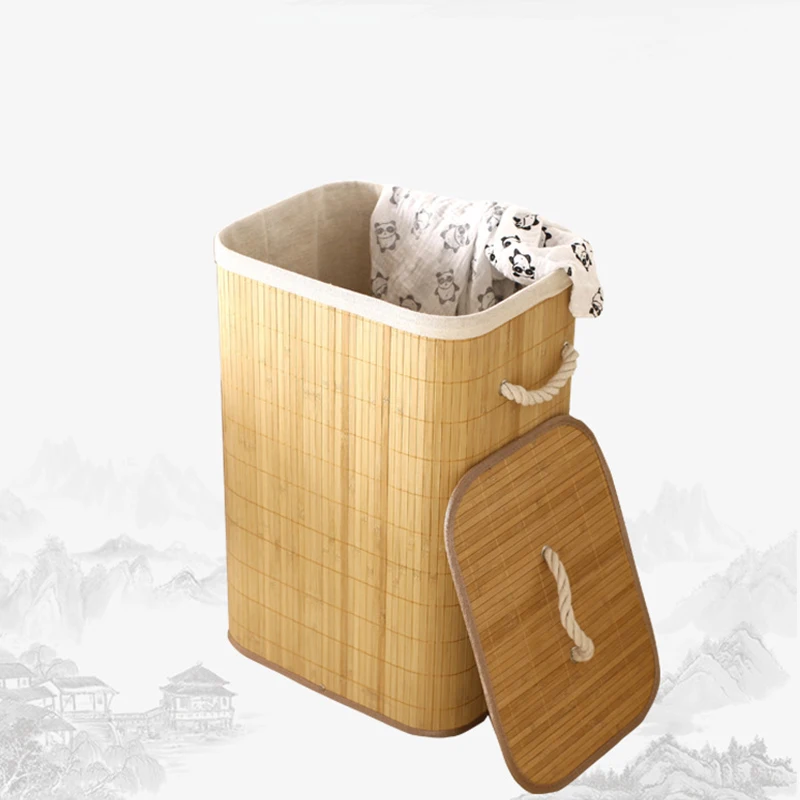 2Sections Bamboo Laundry Basket Folding Dirty Clothes Storage Basket Bin Bag+Lid 