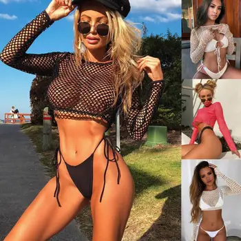 

Women Long Sleeve See Through Mesh Fishnet Crop Tops Tee Shirt Beach Swimwear Bikini Cover Up Women Summer Beach Cover Ups Tops