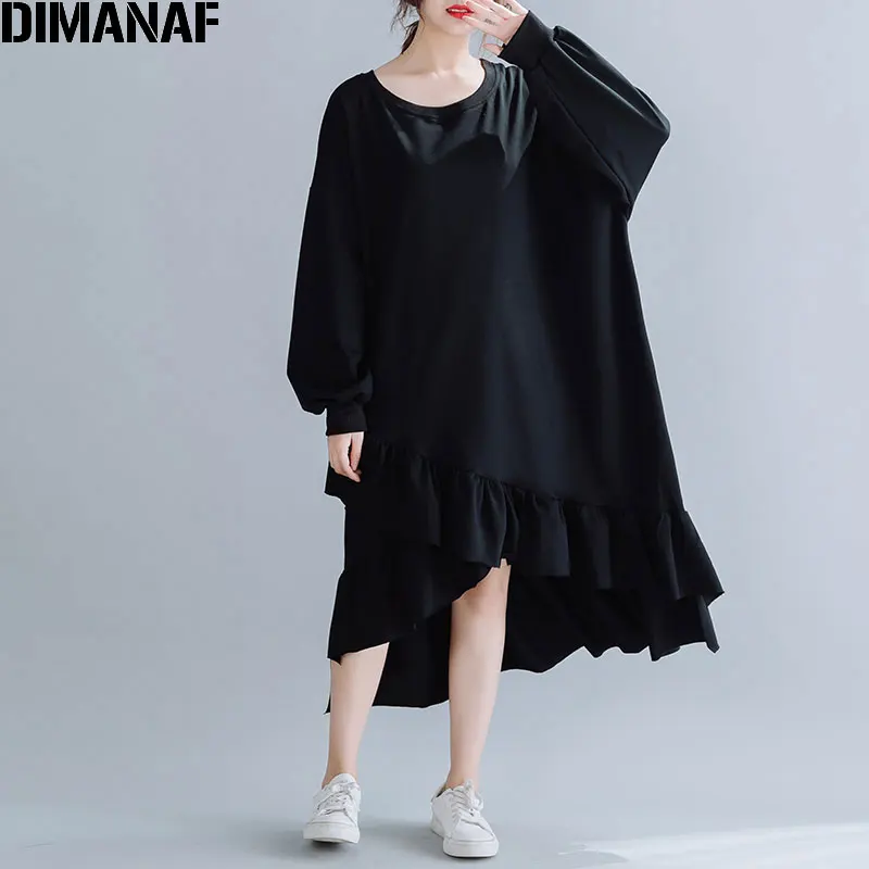 Женское платье DIMANAF размера, осенне-зимнее хлопковое платье свободного размера плюс, модное женское платье с оборками, размер 150 кг - Цвет: Tao8724-hei