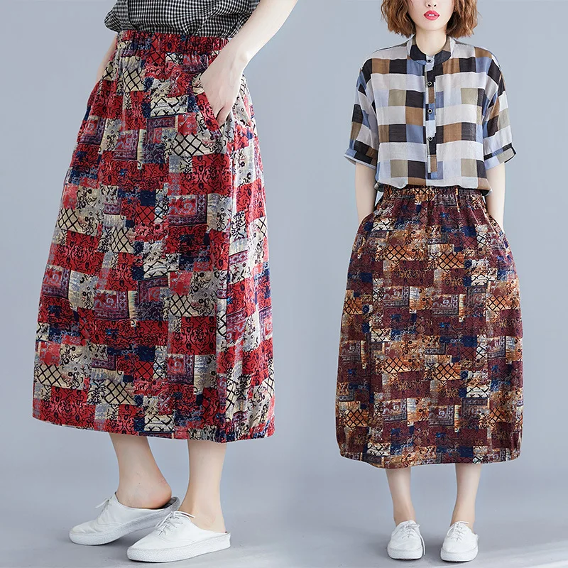 

Summer New Style Literature And Art Large Size Retro Printed Cotton Linen Skirt Loose Elastic A- line Skirt