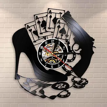 

High Heel Gun Poker Gambling Winning Wall Clock Las Vegas Vinyl Record Wall Clock Poker Logo Wall Sign Chips 4 Aces Wall Watch
