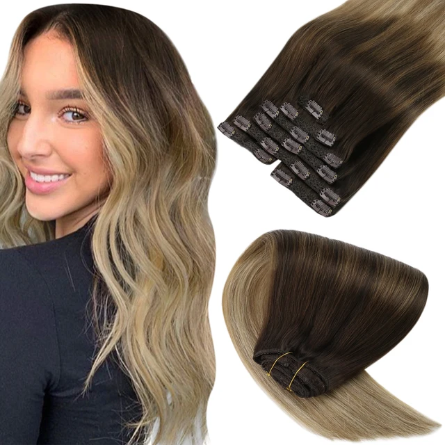 VeSunny Clip in Hair Extension Human Hair Ombre Blonde Remy Seamless Hair Extension Human Hair Brown Balayage Natural Human Hair 3-8A-18B