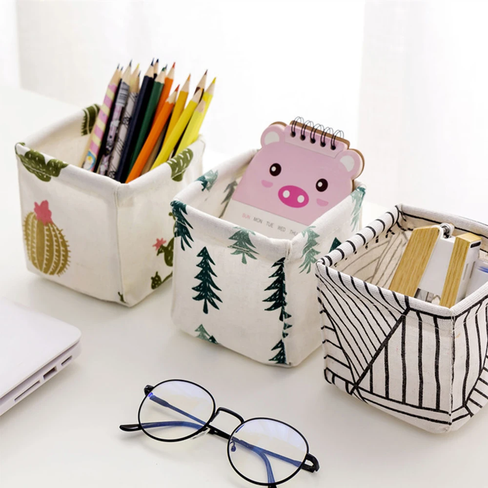 Cotton Linen Desktop Storage Box Desk Stationery Storage Basket