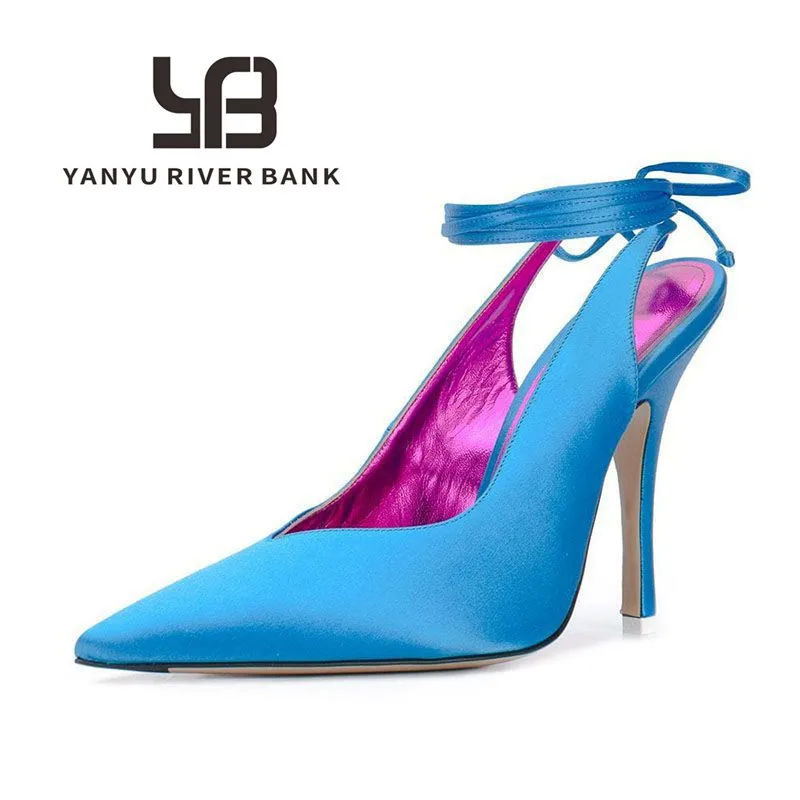 Baotou-Sandalias de tacón alto romanas con cordones para mujer, zapatos de fiesta formales de punta estrecha de seda a la moda para verano, 2021