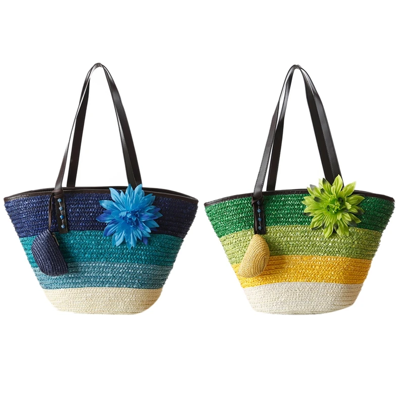 

ABZC-2 Pcs Knitted Straw Bag Summer Flower Bohemian Fashion Women'S Handbags Color Stripes Shoulder Bags Beach Bag Big Tote Bags