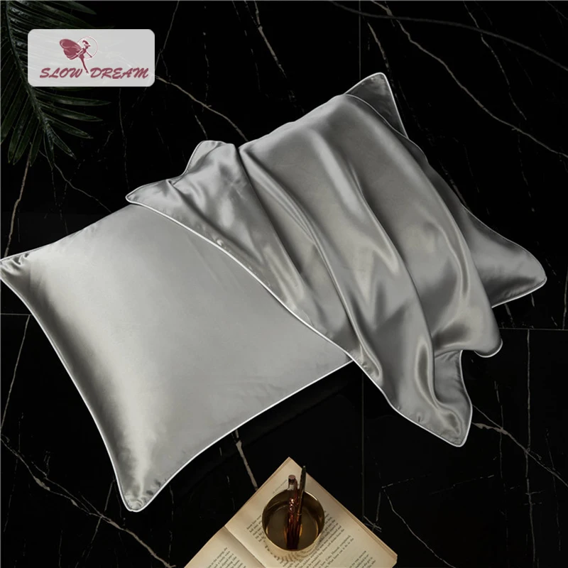 

SlowDream Gray 25 Momme Natural 100% Silk Luxury Pillow Cover High Grade Smoothly Healthy For Skin Home Bedding Pillowcase 2PCS