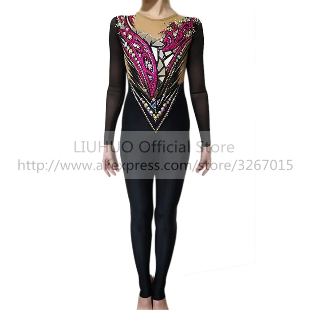 LIUHUO Women's Girls' Adult Black Performance Rhythmic Gymnastics Competition Leotard Ice Figure Skating Dress Tights Bodysuit
