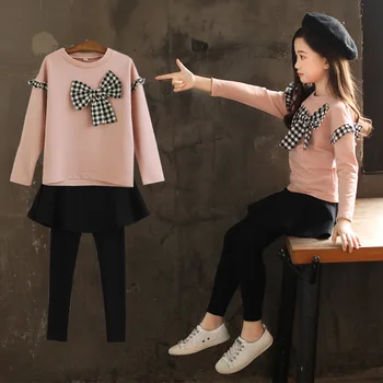 

2020 Cute Plaid Bowknot Children Set Casual 3PCS Sweatshirts Skirt Pants Girls Chiristmas Clothes Fashion Student Outfits D06035
