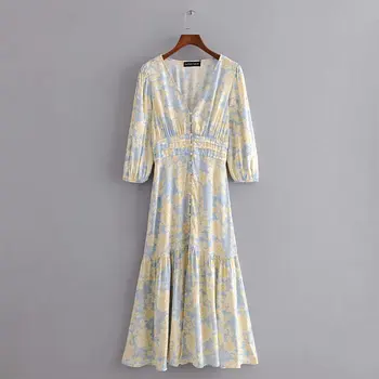 

Spring 2020 Women Casual Dress Lady Bohemian Style Holiday Floral printed Three Quarter Sleeves Maxi Dress Vestido