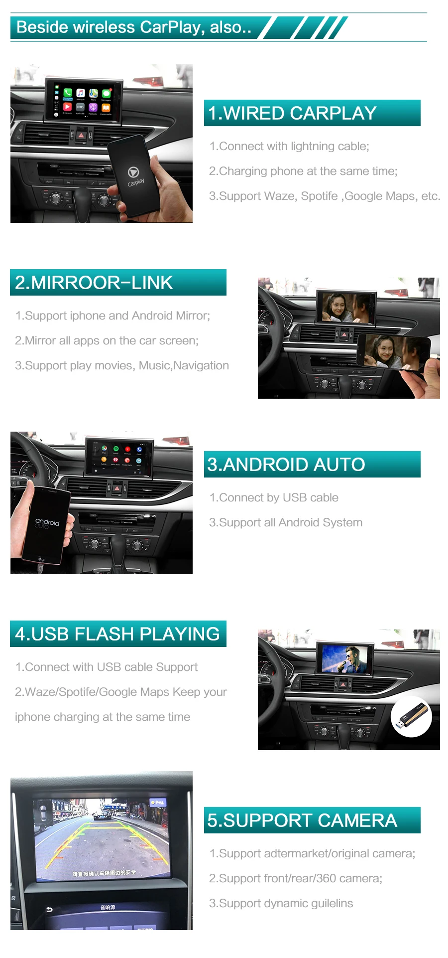 Sinairyu WiFi Wireless Apple CarPlay for Audi A6 C7 2012- MMI RMC Small 6.5" 7" Screen OEM Retrofit support Reverse Camera