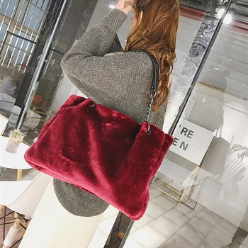

2021 Autumn New Woman Bag Plush Big Bag Solid Color Chain Handbag Square Bag Large Capacity Multicolor Mixing